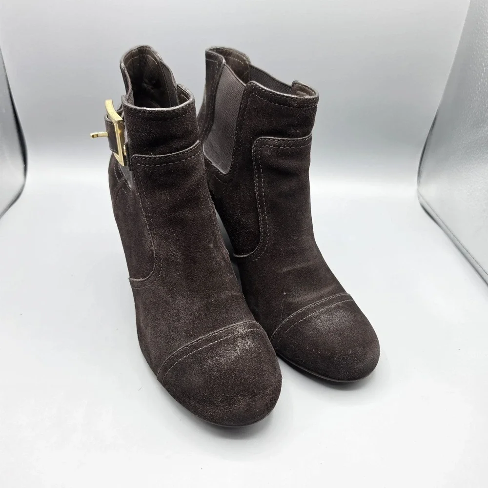 Tory Burch Deanna Booties Womens 10.5 Brown Suede Distressed Wedge Buckles